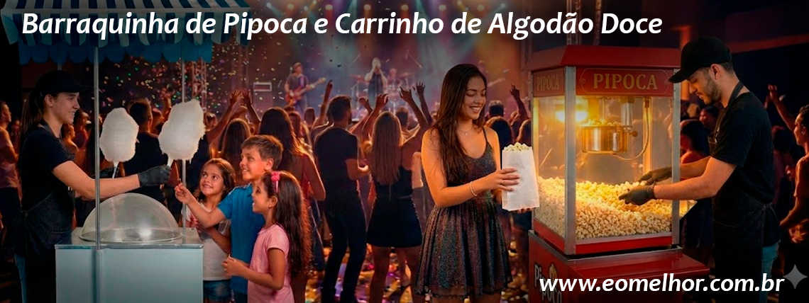 Locação de Carrinho de Pipoca Vermelho e Barraquinha de Algodao Doce